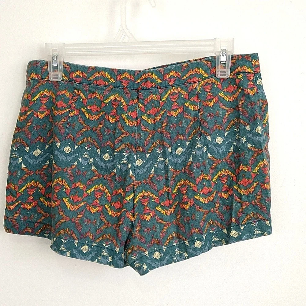 Free People Shorts Women 4 Teal Orange Geometric Ikat Linen Blend High Rise 1in